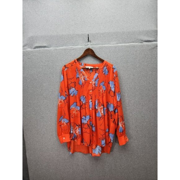 Foxcroft NYC Womens Floral Blouse 16W Vibrant Orange & Blue Long Sleeve Button - Picture 1 of 5
